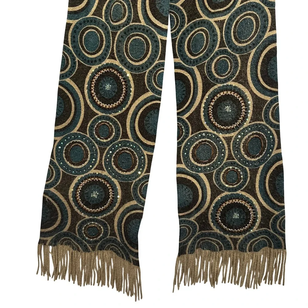 ECHO‎ Scarf Women's Geometric Circle Pattern Fringe Acrylic Brown Teal Statement